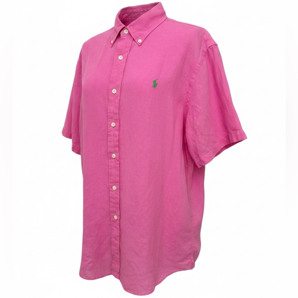 Ralph Lauren Custom Fit Pink 100% Linen Button Down Short Sleeve Shirt Men’s XL